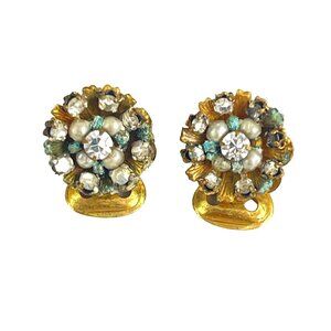 Vintage DeMario NY Clip-On Earrings Rhinestone & Faux Pearl Floral Design MCM